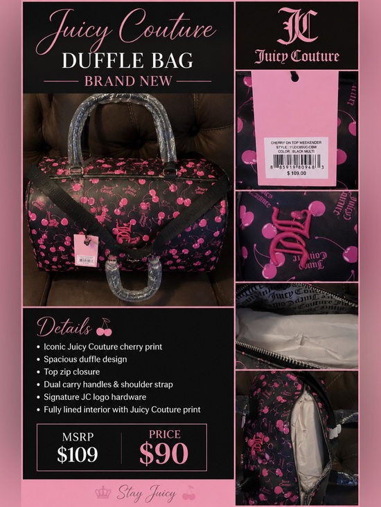 Juicy Couture Handbags - Juicy Couture Black & Hot Pink Cherry Print Weekender Duffle